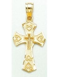 14k Gold Religious Necklace Charm Pendant, Cross With Hearts On Tips & Cross Cut