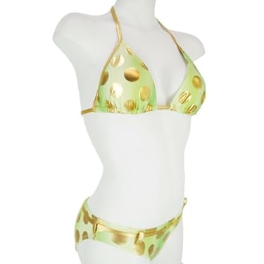Green With Gold Polka Dots Swimsuit Bikini Triangle Top Belted Bottom Medium