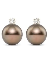 9-10mm Brown Tahitian Pearl and 1/5 Carat Diamond Earrings 14k Yellow Gold