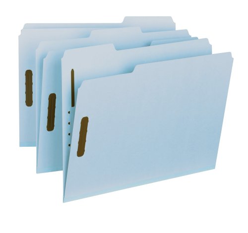 Smead Fastener Folder, 100% Recycled, 1/3-Cut Tab, Pressboard, 2 Fasteners in Positions 1 and 3, 1-Inch Expansion, Letter Size, Blue, 25 per Box (15000)