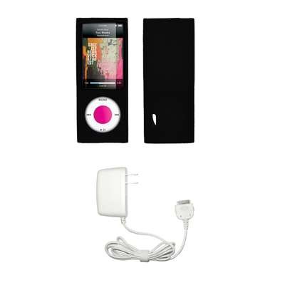 Premium Black Soft Silicone Gel Skin Cover Case + Wall Travel/Home Charger for Apple iPod Nano 5G, 5th Generation [Accessory Export Packaging]