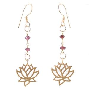 Open Design Lotus Blossom Flower Dangle Earrings in Gold Vermeil with Garnet Gemstone Beads, #8164