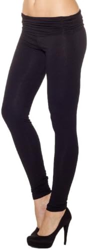 Light weight Fold Over Waist Long Leggings Pants -Black-Small