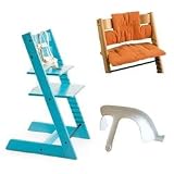 Stokke Tripp Trapp High Chair, Cushion, and Baby Rail - Turquoise with Orange Corduroy Cushion
