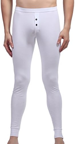 ZIHAN Men's Cotton Skinny Button Thermal Legging Pants Extra Small White