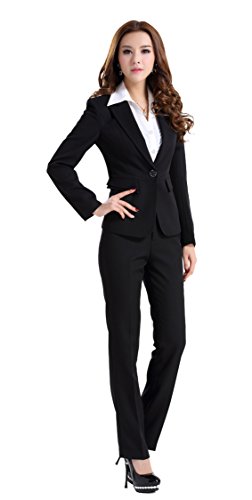WellMiss レディース フォーマルスーツ パンツスーツ 長袖 一つボタン オフィス 就活 ブラック 2点セット 上下セット 通勤 オフィス 仕事 入学式 卒業式 入園式 OL お葬式 宮参り 着痩せ  S/M/L/XL/2XL/3XL 大きいサイズ ブラック 黒