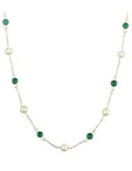 Sterling Silver with 9 Freshwater Pearls and 8 Green Onyx Round Cabochon Necklace, 18"