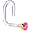 18 Gauge 1/4" Yellow Gold 2mm Brilliant Pink Synthetic Opal Bioplast Nose Ring