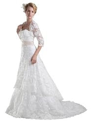 A-line Strapless Spring Fall Beaded Lace Sweetheart Wedding Dress  with a Court Train  With a Ribbon  and a Sash 