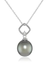 10k White Gold Black Tahitian Cultured Pearl with Diamond Accent Pendant Necklace (0.01 cttw, H-I Color, I2-I3 Clarity), 17"