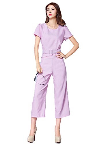 春夏 パンツスーツ ツーピース  4色 リネン ラウンドネック 半袖 ガウチョパンツ 七分丈 ベルト付き クマのぬいぐるみ付き K-3553