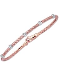 8" 14K Rose & White Gold 3.0mm (1/8") Round Tube Basket Weaved Diamond Accent w/ 0.14ct Diamond Fancy Bangle Bracelet w/ Fancy Lobster Clasp