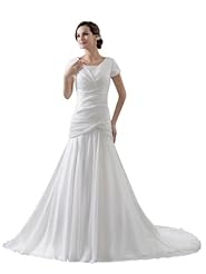 Scoop Neck Taffeta Mermaid Short Sleeves Sleeveless Spring Fall Winter Beaded Ruched Wedding Dress  with a Court Train 