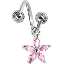 Pink Gem Lily Flower Solitaire Spiral Twister Belly Ring
