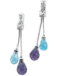 14K White Gold Briolette Blue Topaz, Briolette Amethyst and Diamond Earrings -- LIFETIME WARRANTY