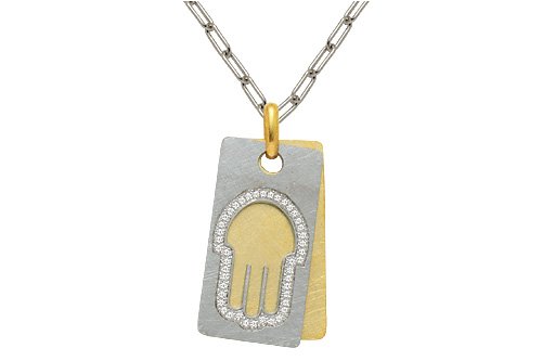 14K White and Yellow Gold Matte-Finish Two-Plate Hand-of-God Pendant, Enhanced with Pave Set Diamonds, Sliding on a 17 White Gold Open-Link Necklace.