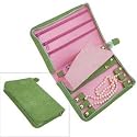 NAPLES ZIPPERED JEWELRY TRAVEL CASE - HANDCRAFTED CHESTS "Naples" Large Zippered Jewelry Travel Case, Grass Green Faux Ostrich/Pink Satin