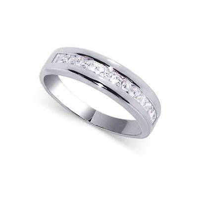 4 MM Wide Rhodium Plated Sterling Silver Band Clear Cubic Zirconia Ring