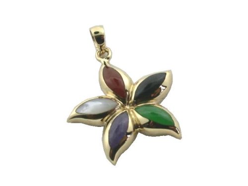 Multi-Colored Jade and Mother Of Pearl Hawaiian Flower Pendant, 14k Gold