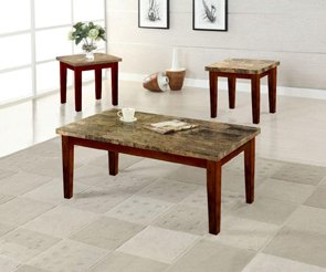 3 Pc. Faux Marble / Cherry Finish Wood Coffee Table & 2 End Tables