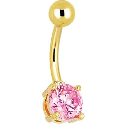 24kt Gold Plated Pink 6mm Round Cubic Zirconia Belly Ring