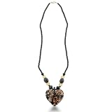 Black and Gold Heart Shaped Murano Glass Pendant on Beaded Chain, 24 Inches Long