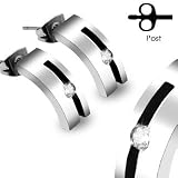 316L Stainless Steel Earring with Single CZ - 15mm Length, 6mm Width - Sold as a Pair