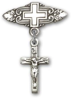 Sterling Silver Baby Badge with Crucifix Charm and Badge Pin with Cross