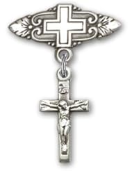 Sterling Silver Baby Badge with Crucifix Charm and Badge Pin with Cross