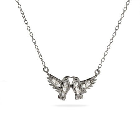 Eve's Addiction Sparkling CZ Sterling Silver Lovebirds Necklace