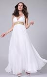 HK9163 WHITE CHIFFON LOW V-NECK BEADED PROM LONG GOWN