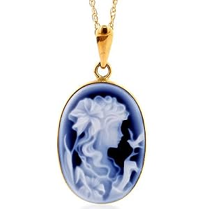 14k Yellow Gold Oval Frame 18x13mm Blue Agate Cameo Pendant W 18 Chain by