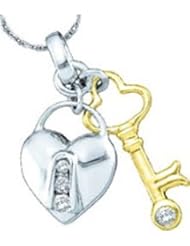 10k White Yellow 2-tone Gold Natural Diamond Heart Lock & Key Pendant with 18" Chain - .05 (1/20) Ct.t.w.