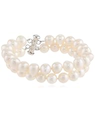 Sterling Silver 2-Row White A Grade 8.5-9mm Freshwater Cultured Pearl Bracelet, 7.25"