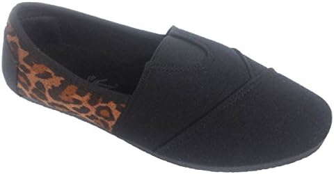Elegant Women's Canvas Slip-on Flat Shoes Black And Leopard Print With Black Sole, Espadrille Loafers 8 , M US