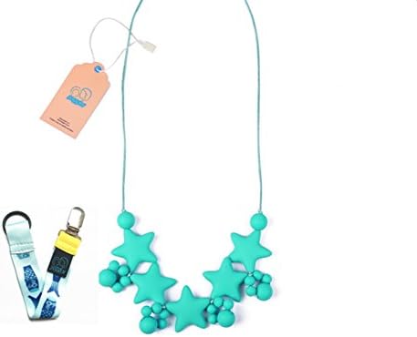 JOGGAN 31 Inch 'Falling Stars' Silicone Teething Necklace-Baby Chew Beads-100% BPA Free -Drooling Problem &amp; Pain Reduce Properties- Turquoise.