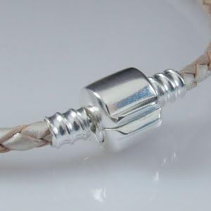 Hoobeads Jewelry White Leather Champagne Bracelet 925 Sterling Silver Barrel Clasp Bracelet (7.5 inches)
