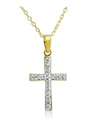 18K Yellow Gold Plated Sterling Silver Diamond Cross Pendant-Necklace on an 18in. Chain