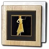 Florene Vintage - Art Deco Lady On Black With Gold Frame - Tile Napkin Holders