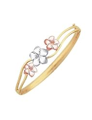 14K Tri Color Gold, Three Plumeria with 3/16 Tube Bangle Bracelet