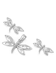 Sterling Silver Elegant Nature Dragonfly Design Pendant and Earrings Jewelry Set with Clear CZ