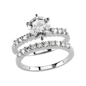Polished 14k White-gold 1 3/4 CTTW Round Moissanite Engagement & Wedding Band Rings