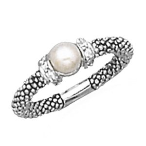 Rhodium Plated Oxidized Band Cultured Freshwater Pearl Ring