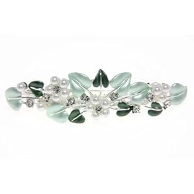Flower Fashion Pearls with Green leaf Hair Barrette