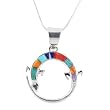 Southwestern Round Turquoise, Lapis and Spiny Oyster Inlaid Lizard Pendant on 18" Snake Chain in Sterling Silver by Native American Indian Artist Calvin Begay, #7731