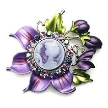 Purple Austrian Rhinestone Tulip Flower Lady Cameo Silver-Tone Brooch Pin