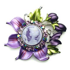 Purple Austrian Rhinestone Tulip Flower Lady Cameo Silver-Tone Brooch Pin