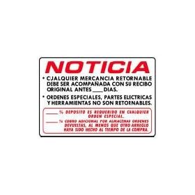 NOTICIA CUALQUIER MERCANCIA RETORNABLE 14x20 Heavy Duty Plastic Sign