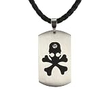 Stainless Steel Cubic Zirconia & Skull Design Dog Tag Pendant w. Woven Faux Leather Necklace