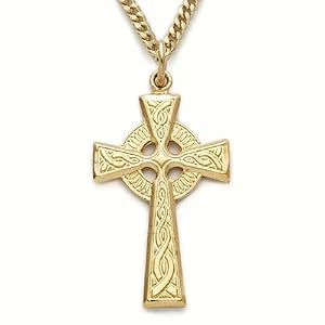 14K Gold Filled 1 1/8" Engraved Celtic Knot Cross Necklace on 24" Chain